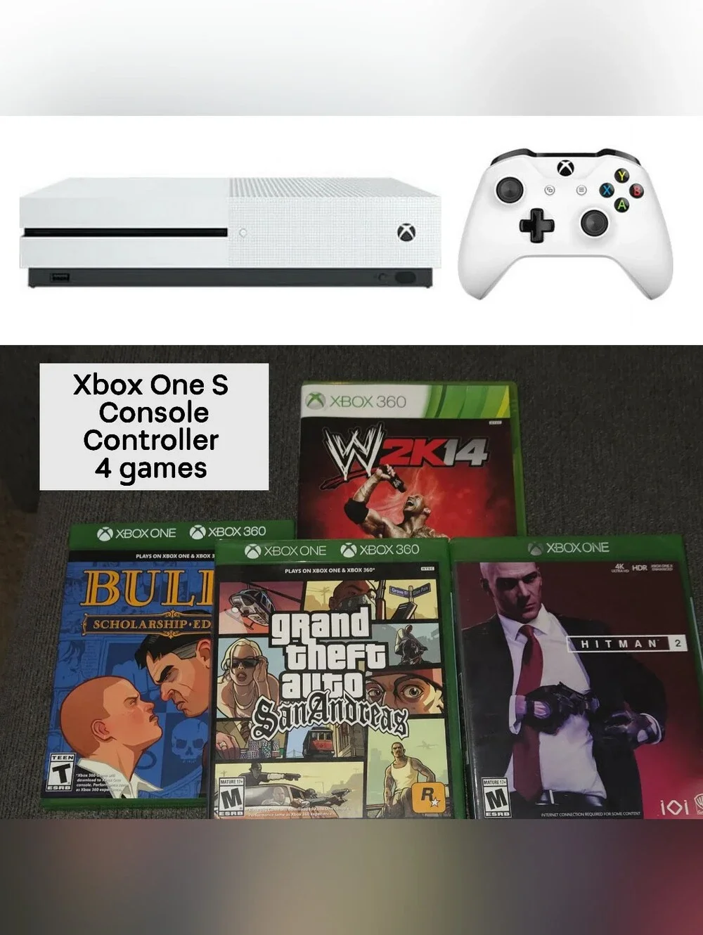 Microsoft Xbox One S (Model 1681) Game Console Gaming System 4 Games Controller